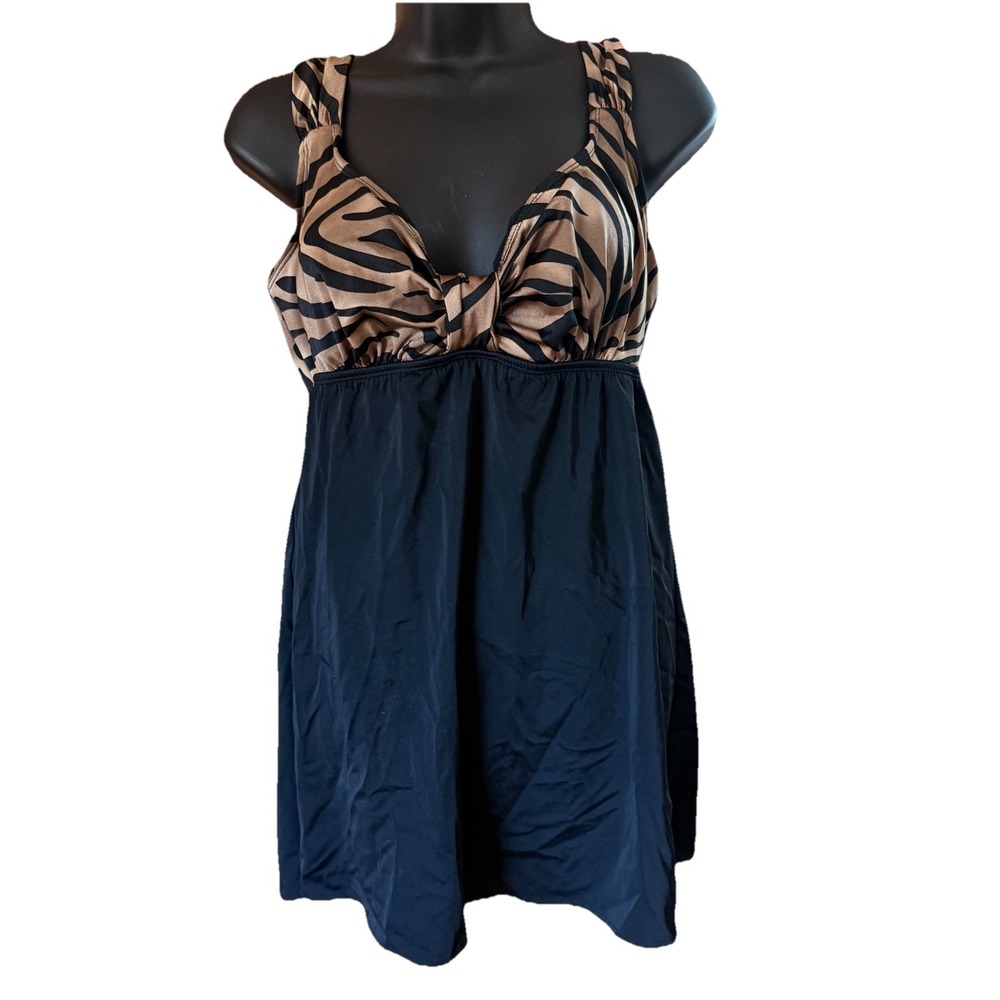 LONGITUDE Swimsuit Size 14 One Piece Swim Dress Black‎ Tan Animal Print Slimming